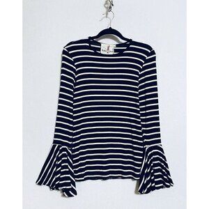 Boho Jane Top Womens Medium Striped Bell Sleeve Knit Black White Stretch